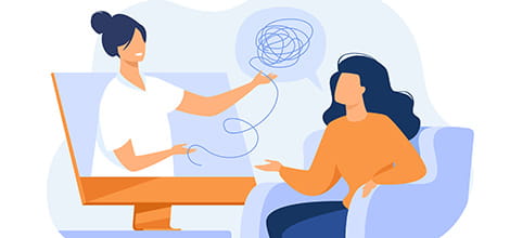 Illustration of doctor explaining to patient through computer screen